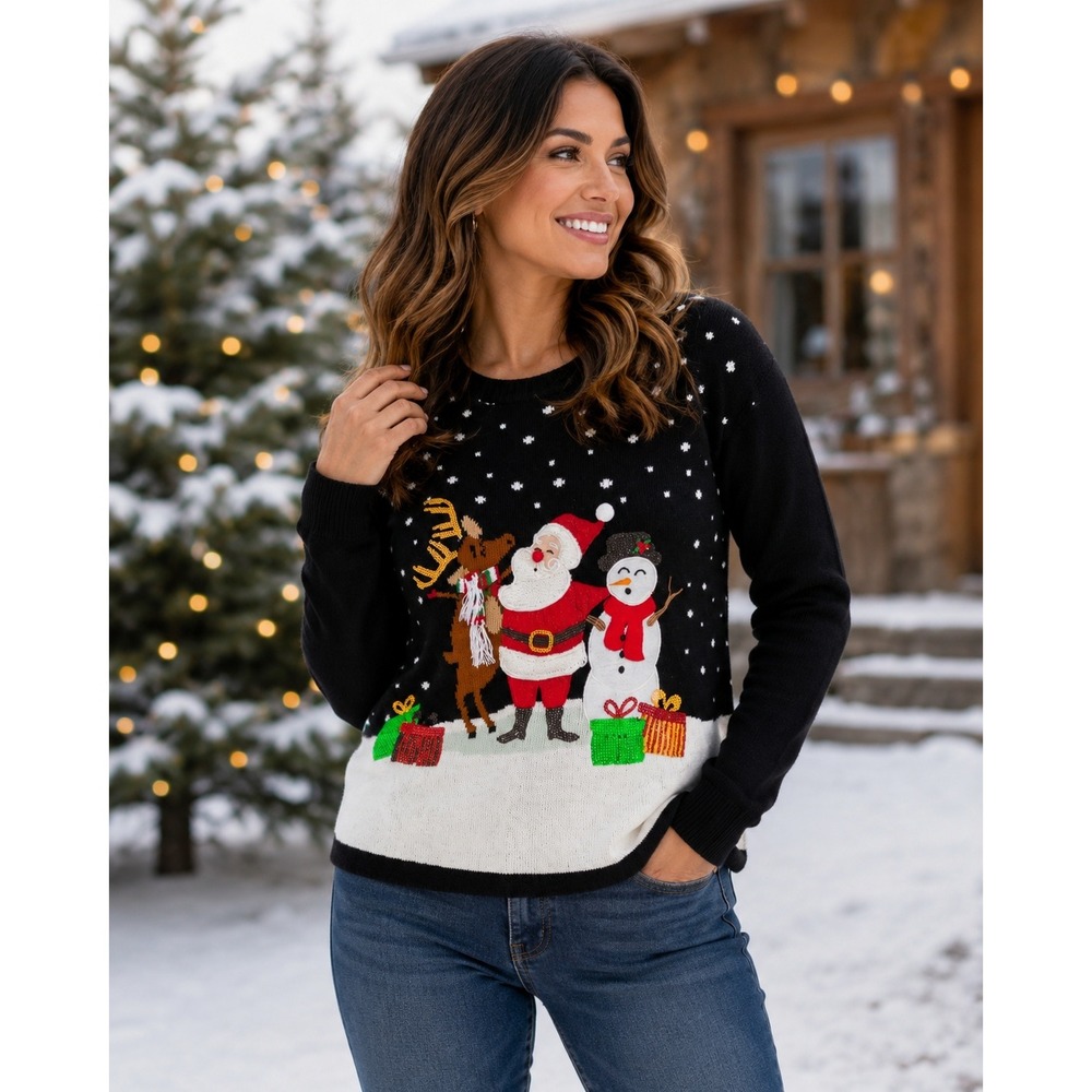 Karen Scott Christmas Sweater Women 2X Black Sequin Embroidered Festive Holiday